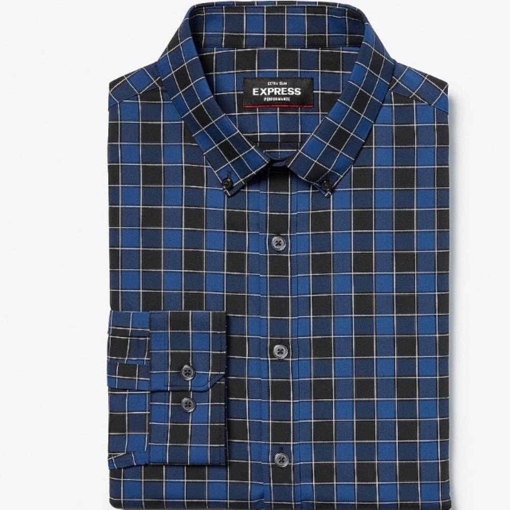 Express Blue Plaid ExtraSlim Performance Fit Shirt